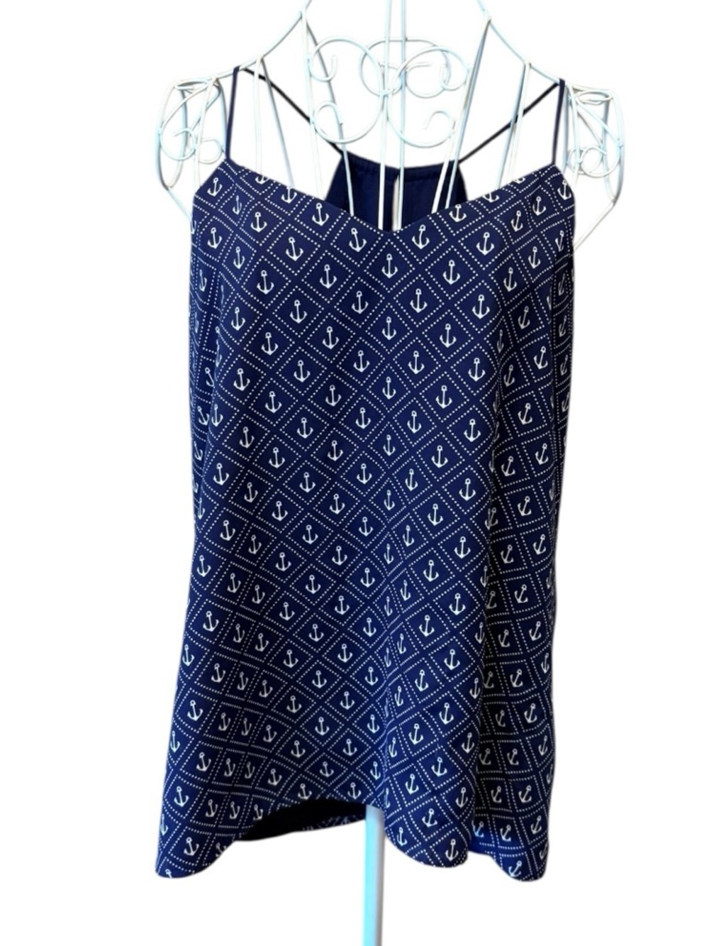Navy Blue Anchor Print Cami Top Spaghetti Strap Nautical Back Zip Blouse